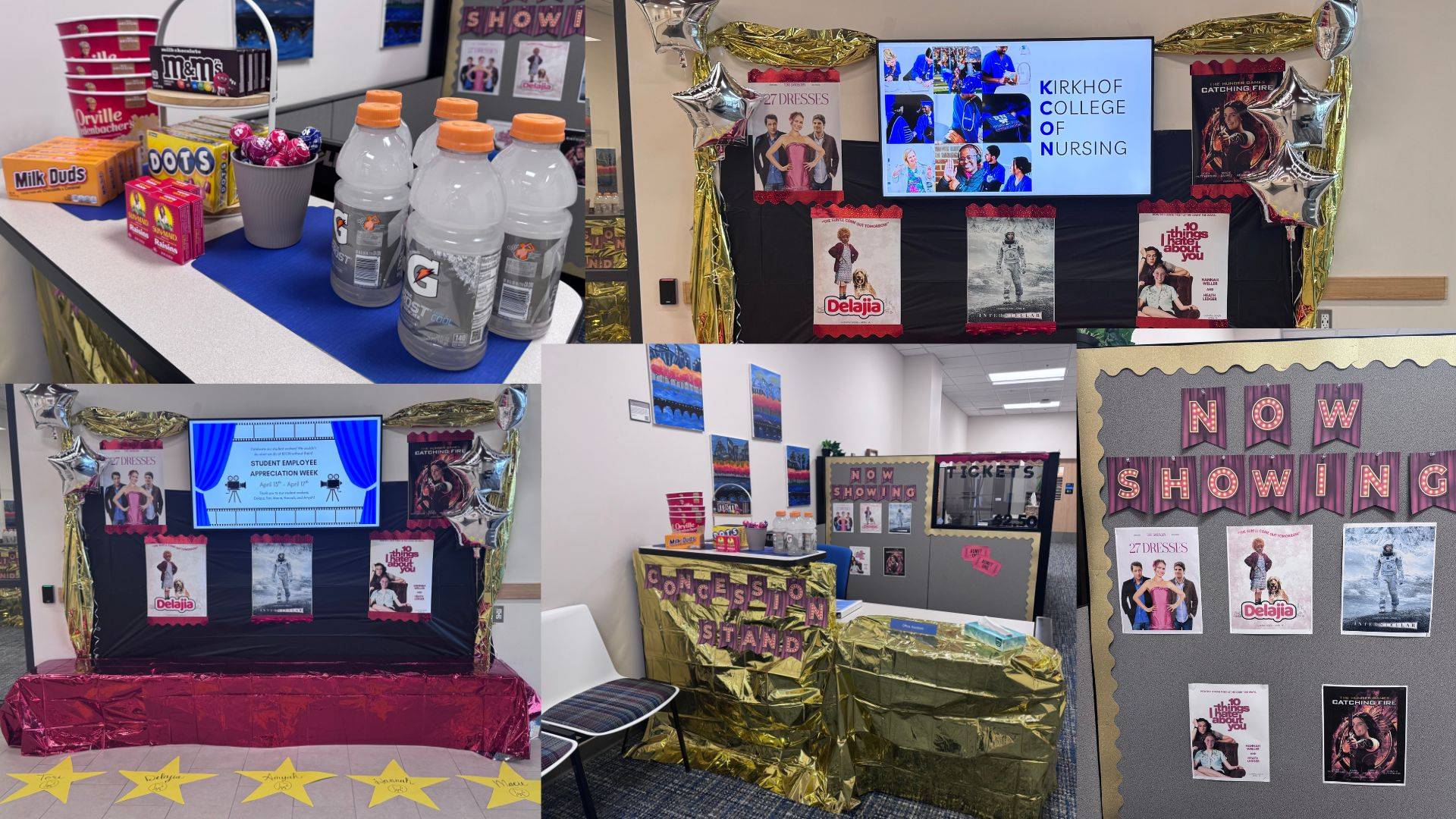 there is a concession stand with pop, candy, and popcorn buckets. there is a hollywood walk of fame with stars and metallic balloons. There are movie posters and a ticket station